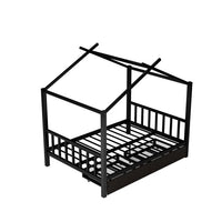 Full Size Metal House Platform Bed with Two Drawers, Low Platform Bed Frame with Headboard and Footboard, Roof Design House Bed for Kids, Teens and Adults, Sturdy Metal Slats Support, Black
