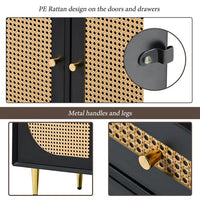 TV Stand with Rattan Door, Console Sideboard Cabinet with 4 Doors and 4 Drawers,Media Accent Kitchen Storage Cabinet,Country Style Design Side Board with Gold Metal Base for Living Room