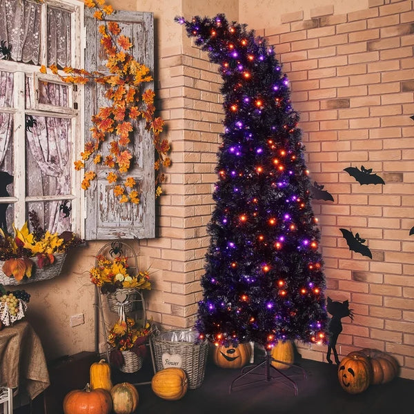 6FT Bendable Artificial Fir Christmas Tree, Halloween Christmas Tree with 400 LED Lights 10 Functions with Remote, 1050 Branches, Grinch Style Hinged Fraser Fir X-mas Tree, for Indoor (Purple/Orange)