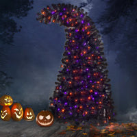 6FT Bent Top Black Halloween Christmas Tree with Lights Halloween Decorations Indoor, Artificial Fir Xmas Halloween Tree Bendable Grinch Style Christmas Tree w/1,080 Lush Branch Tips & 300 LED Lights