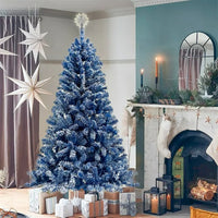 6FT Snow Flocked Christmas Tree, Pre-Lit Hinged Artificial Fir Christmas Tree w/750 Branch Tips, 300 Warm White LED Lights and Foldable Metal Stand, Xmas Tree Home Holiday Decoration, Blue
