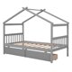 Twin Size Platform Bed, Wood House Bed with 2 Drawers and Roof for Kids Teens Adults, Montessori Bed Frame with Headboard and Footboard for Bedroom, Can be Decorated, No Box Spring Needed, Gray