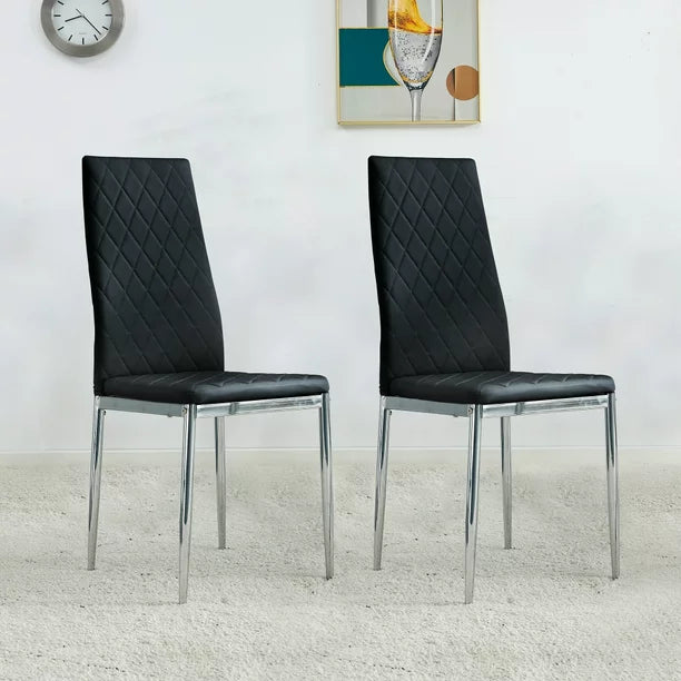 Dining Chairs Set of 2,Faux Leather Armless High Back Kitchen Chairs,Grid Shaped Dining Room Chairs with Metal Legs,Upholstered Dinner Chairs,Side Chair for Dining Room,Kitchen,Hotel,Black