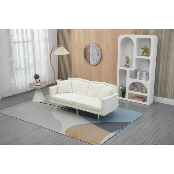 Loveseat Sofa, Modern Polyester Upholstered Accent Sofa Couch with Low Back and Acrylic Feet, 2-Seater Convertible Sleeper Bed Futon Sofa with 2 Pillows for Living Room Bedroom Office, White