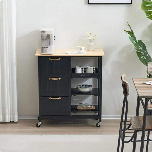 Kitchen Island Cart with Storage, Kitchen Cart for Home, Rolling Trolley Cart with 3 Drawers and 3 Storage Shelves, Dining Cart for Dining Room, Bar, Kitchen,Black