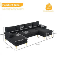 U-Shaped Sectional Sofa with Double Chaise, 110" Linen Fabric Couch Sofa with Metal Legs and Removable Cushions, Armrests, 4-Seat Sectional Couch for Living Room, Apartment, Office, Black