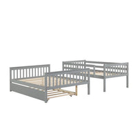 Detachable Twin over Full Bunk Bed with Trundle, Triple Kids Bunk Beds, Pull-out Combination Bed with Casters, Wooden Bed Frame for Kids Adults, Convertible to 2 Platform Beds with Guardrails, Gray