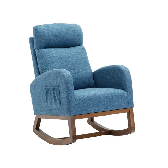 Upholstered Nursery Rocking Chair Indoor, Accent Glider Rocker with Headrest, Side Pockets and Wood Base, Comfy Lounge Single Sofa Chair for Living Room, Bedroom, Weight Capacity 300 Pounds, Blue