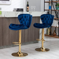 Bar Stools Set of 2, Velvet Upholstered Counter Height Barstools with Soft Cushions & Footrest & Gold Metal Base, Swivel Height Adjustable Dining Chairs for Kitchen Island, Living Room, Blue