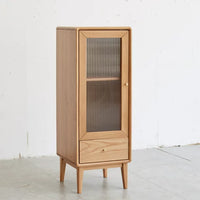 Solid Oak Wood Storage Cabinet, Free-Standing Corner Cabinets Storage Table with Vintage Glass Door, 2 Shelves,1 Drawers and Brass Handle for Living Room Entryway Kitchen Hallway TV Stand