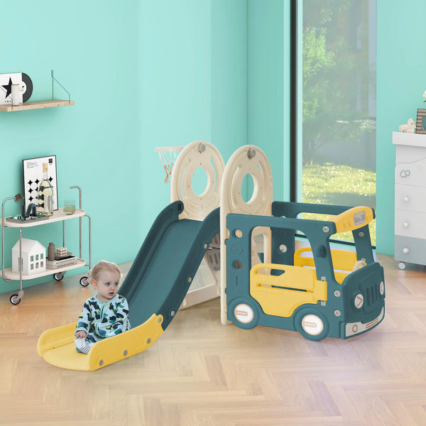4 In 1 Kids Slide Set, Bus Slide Set with Bus Play Structure for Kids Teens Boys Girls, Freestanding Bus Toy with Slide and Basketball Hoop, Indoor & Outdoor Toys Slide Playset, Easy Setup, Yellow