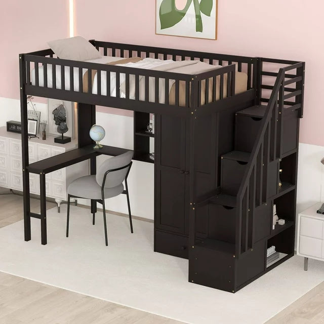 Twin Size Loft Bed with Desk and Storage Stairs, Multifunctional Loft Bed with Bookshelf, Drawers and Wardrobe, Wood Loft Bed Frame with Fence Shaped Guardrails, No Box Spring Needed, Expresso