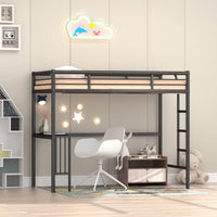 Loft Bed Twin Size with Desk,Metal Bed Frame with Ladder and Full-Length Guardrail,Platform Bed for Kids Teens Adult,Ideal for Bedroom Dorm,Noise-Free,No Box Spring Needed,Space-Saving,Black