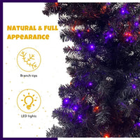 6FT Bent Top Halloween Christmas Tree, Hinged Fraser Fir Artificial Fir Bendable Grinch Style Christmas Tree w/1,080 Lush Branch Tips, 250 LED Lights & Metal Stand, Xmas Tree Holiday Decoration Purple