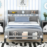 Twin Size Car-Shaped Platform Bed,Wood Platform Bed Frame with 2 Storage Shelf,Storage Platform Bed with Headboard and Footboard for Kids Teens,Gray
