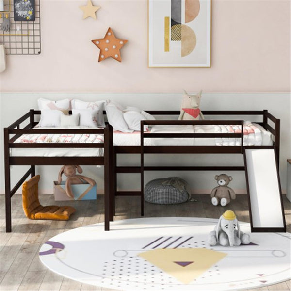 L-Shaped Loft Bed with Slide, Twin Size Low Loft Bed Frame with 2 Built-in Ladders and Full-length Guardrail Multifunctional Loft Bed Perfect for Boys Girls Noise Free, No Box Spring Needed, Espresso