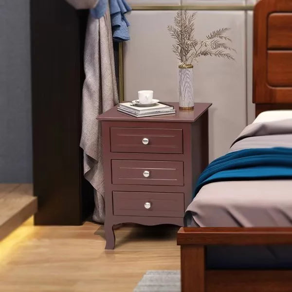 Country Style Side Table, Nightstand with 3 Drawers, Bedside Tables with Wood Frame, Mid-Century Modern Nightstand with Storage, Bed Side Table & Night Stand End Table for Bedroom, Living Room, Brown
