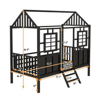 Twin Size House Loft Beds, Metal Loft Bed Frame with Roof and Two Front Windows, Playhouse Loft Bed with Fence Railings Cabin Beds for Girls Boys Teens, No Box Spring Needed-Black