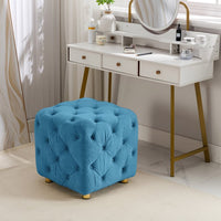 Modern Velvet Upholstered Ottoman, Button Tufted Round Ottoman Soft Foot Stool Padded Foot Rest with Metal Legs, Dressing Makeup Chair Comfortable Seat for Living Room, Bedroom, Entrance, Blue