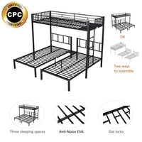 Metal Triple Bunk Bed for 3, Twin over Twin Bunk Bed with Shelf and Ladder, Can be divided into 3 Separate Bed, Metal Bunk Bed Frame with Safety Rail & Slats Support, No Box Spring Needed, Black