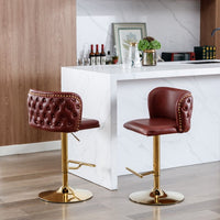 PU Swivel Counter Height Stools Set of 2, PU Leather Upholstered Bar Stool Adjustable Bar Height Kitchen Island Stool Chairs Buttun Tufted with Metal Legs (Burgundy)