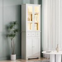 3-Tier Bookshelf with Doors and 3 Drawers, Home Office Large Storage Cabinet with Shelves and Display Cabinet, Tall Standing Bookcase with LED Light Strips for Living Room Apartment, White