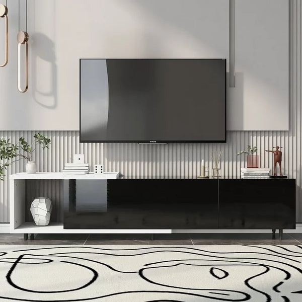 Modern Solid Wood TV Stand - 84.6 Inch Modern Entertainment Center for up to 80 Inch TV Screen - Black TV Cabinet - Glossy & Matt Paint Media Console Table for Media Player, Game Console, Black
