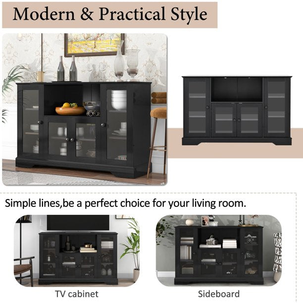 TV Stand for up to 60'' TV, TV Media Stand Console Cabinet with 4 Tempered Glass Doors & Adjustable Panels, Open Storage Cabinet Sideboard Entertainment Center TV Cabinet for Living room, Black