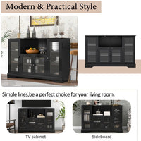TV Stand for up to 60'' TV, TV Media Stand Console Cabinet with 4 Tempered Glass Doors & Adjustable Panels, Open Storage Cabinet Sideboard Entertainment Center TV Cabinet for Living room, Black