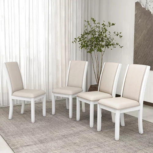Dining Chairs Set of 4, Wood Full Back Dining Chairs Set with Upholstered Cushions, Farmhouse Dining Chairs with Solid Wood Frame and Legs (White+Cushion Beige)
