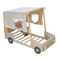 Full Size Car Canopy Bed with Ceiling Cloth and Upholstered Headboard, Platform Bed Frame with Light, Car-Shape Bed Frame with Wheels for Toddler Children Boys Girls,Natural