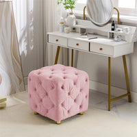 Modern Velvet Upholstered Ottoman, Classic Square Dressing Makeup Chair with Button Design, Comfortable Soft Foot Stool for Living Room Bedroom and Entrance, Pink