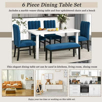 6-Piece Dining Table Set for 6 People, Wooden Kitchen Table Set with Marble Veneer Table and 4 Flannelette Upholstered Dining Chairs & Bench, Rustic Style Family Furniture, for Kitchen, Blue
