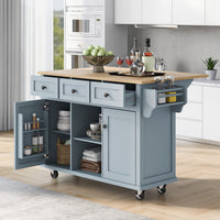 53.1"Rolling Mobile Kitchen Island Cart with Rubber Wood Drop Leaf Countertop and 3 Drawers, Rolling Kitchen Island with Smooth Wheels, Adjustable Shelves and 3 Drawers for Dining Room
