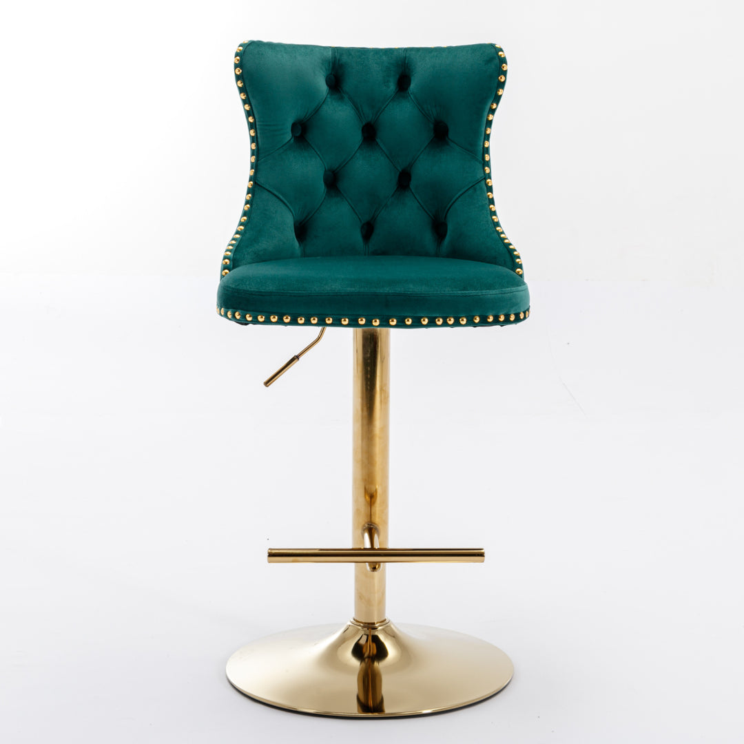 Swivel Bar Stools Set of 2 with Adjustable Seat Height, Contemporary Velvet Counter Stool with Metal Legs and Chrome Nailhead Trim Backrest, Dining Chair for Home and Pub, Green & Gold