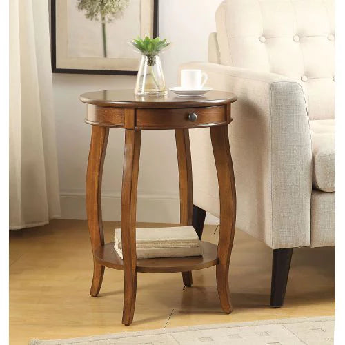 Round End Table with 1 Drawer & Open Storage Shelf, Side Table with Wooden Cabriole Leg, Night Stand for Living Room Bedroom, Walnut