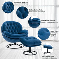 Velvet Swivel Accent Chair with Ottoman Set, Modern Lounge Chair with 360 Degree Swiveling Metal Base & Footrest, Comfy Single Sofa Chair for Living Room Bedroom, Reading Room, Home Office, Blue