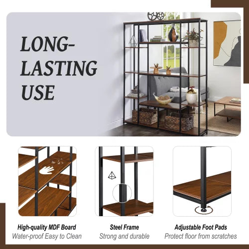 Bookcase and Bookshelf, Vintage Metal Frame 5 Tier Bookshelf with Adjuestable Foot Pads and Open Storage, Freestanding Storage Shelf for Living Room Home Office, Brown