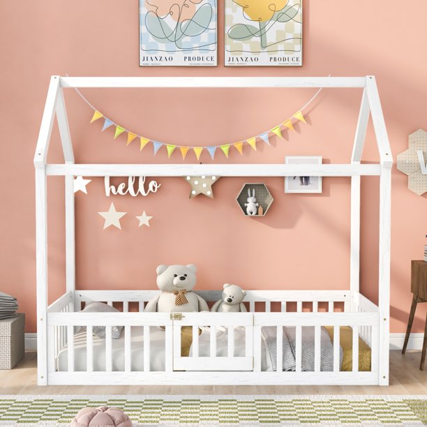 Twin Size House Bed,Floor Bed with Roof,Fence and Door, Wooden Playhouse Bed Frame, Montessori Bed for Girls/Boys/Teens,Can be Decorated,White