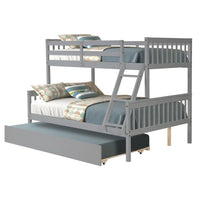 Detachable Twin over Full Bunk Bed with Trundle, Triple Kids Bunk Beds, Pull-out Combination Bed with Casters, Wooden Bed Frame for Kids Adults, Convertible to 2 Platform Beds with Guardrails, Gray