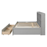 Full Daybed with Storage Bookcase, Wood Platform Bed with 2 Drawers on Casters, Full Sofa Bed Frame for Kids Girls Boys, No Box Spring Needed, 250 lbs Weight Capacity, Gray