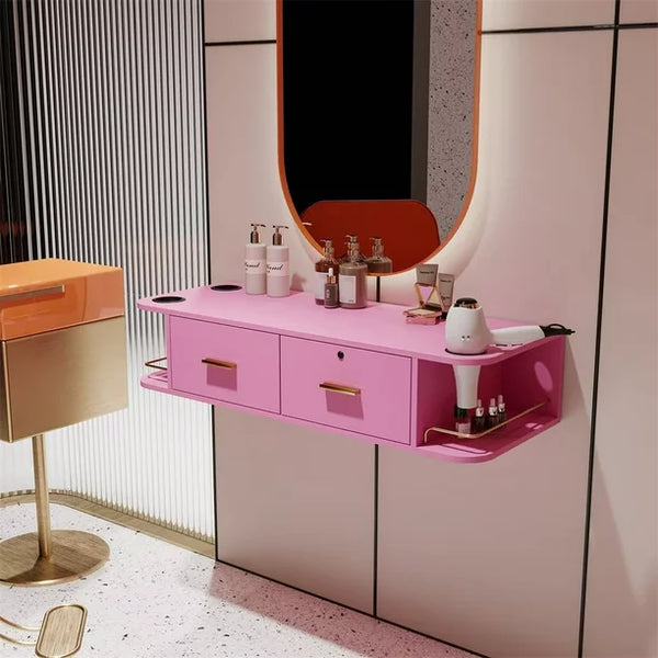 Wall Mount Salon Stations for Hair Stylist, Barber Hair Stations with 2 Drawer and 5 Round Holes for Hair Dryer, Pink