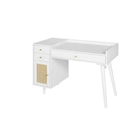 Makeup Vanity with Charging Port, Modern Dressing Table with Rattan Door and Multi-Storage, White Vanity Desk for Bedroom, Living Room, Weight Capacity 160 Pounds