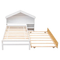 Twin Size Trundle Bed, Plat Bed Frame with Trundle, Twin Size Platform Bed with Bookcase Headboard and Pull Out Trundle Bed, Twin Bed Frame with Storage Shelves for Kids and Teens, White