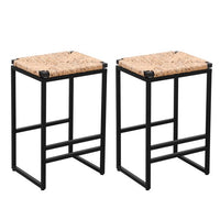 Set of 2 Industrial Bar Stools, Water Hyacinth Woven Bar Stools, Hyacinth Grass Backless Barstools with Footrest Kitchen Dining Chairs for Bar Living Room