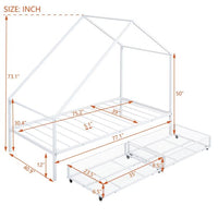 Metal Bed Frame, Twin Size House Bed with 2 Storage Drawers and Roof for Kids,Teens, Playhouse Design Bed Frame with Slats Support, No Box Spring Required, White