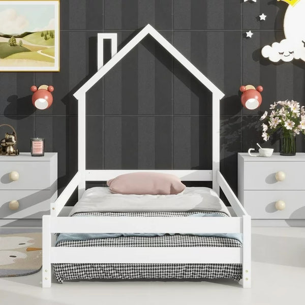 Twin Size Floor Bed Wooden Montessori Floor Bed with House-Shaped Headboard and Fence Guardrails Twin Bed Frame for Girls and Boys, No Weight Limit, White