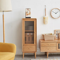 Solid Oak Wood Storage Cabinet, Free-Standing Corner Cabinets Storage Table with Vintage Glass Door, 2 Shelves,1 Drawers and Brass Handle for Living Room Entryway Kitchen Hallway TV Stand