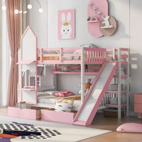 Wood Bunk Bed, Full-Over-Full Castle Style Bunk Bed with 2 Drawers and 3 Shelves, Playhouse Inspired Bunk Bed with Slide and Storage Staircase, No Box Spring Needed, Pink