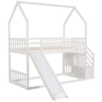 House Bunk Bed with Slide, Twin over Twin Low Bunk Bed Frame with Convertible Storage Staircase and Full-Length Guardrail Wood Stairway Bunk Bed for Kids No Box Spring Needed, Easy Assembly, White